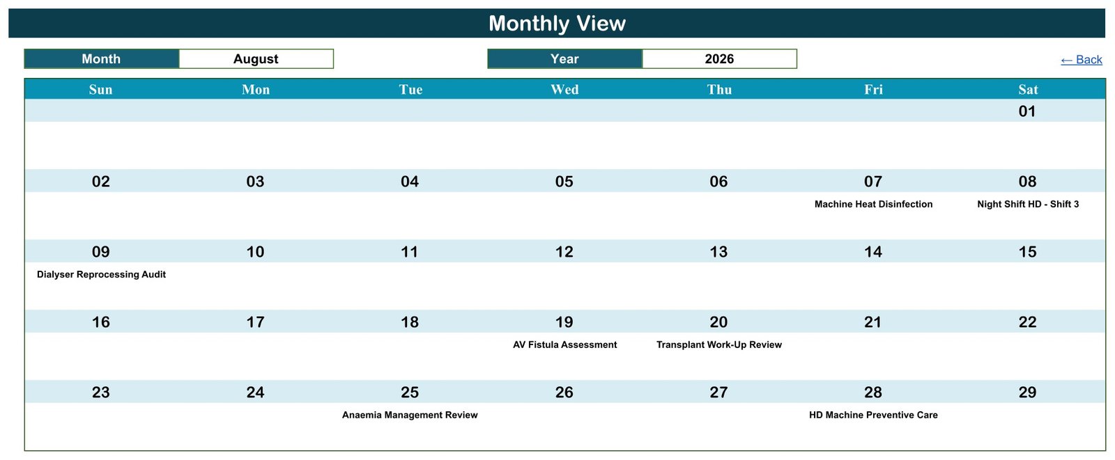 Monthly View of the Dialysis Session Calendar in Google Sheets showing August 2026 entries printed under their dates