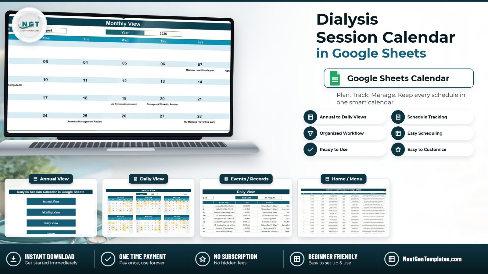Dialysis Session Calendar in Google Sheets showing the Monthly View on a laptop with Annual View, Daily View and Events thumbnails