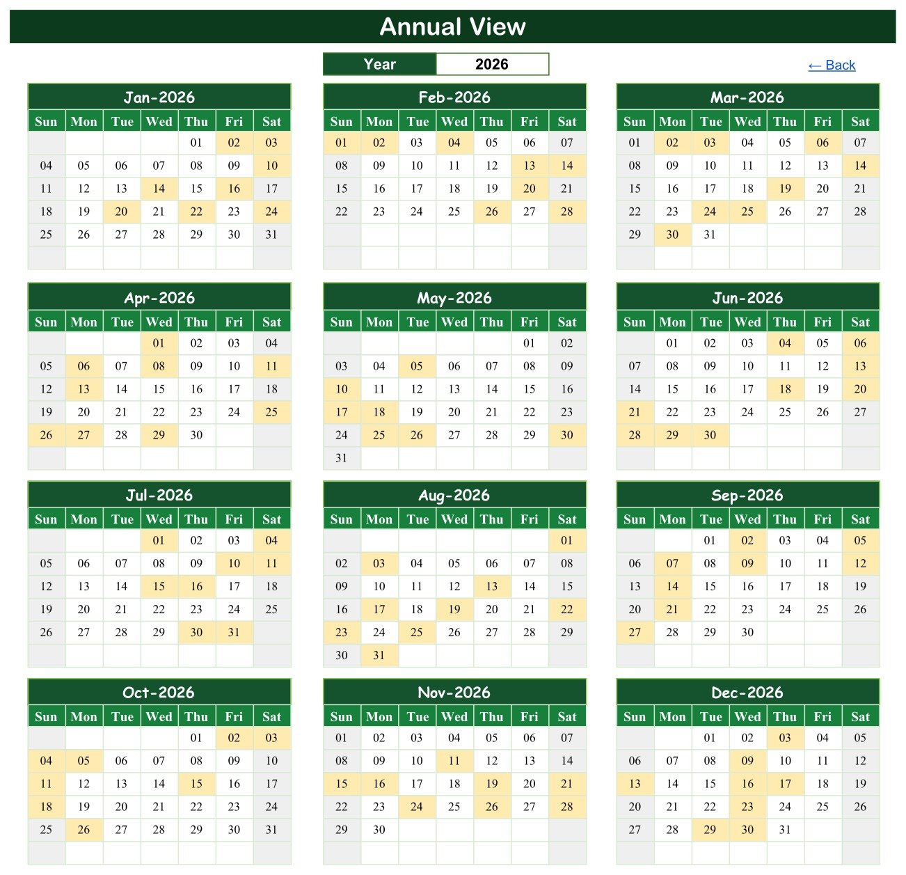 Annual View of the Doctor On-Call Calendar showing all twelve months of 2026 with covered days highlighted
