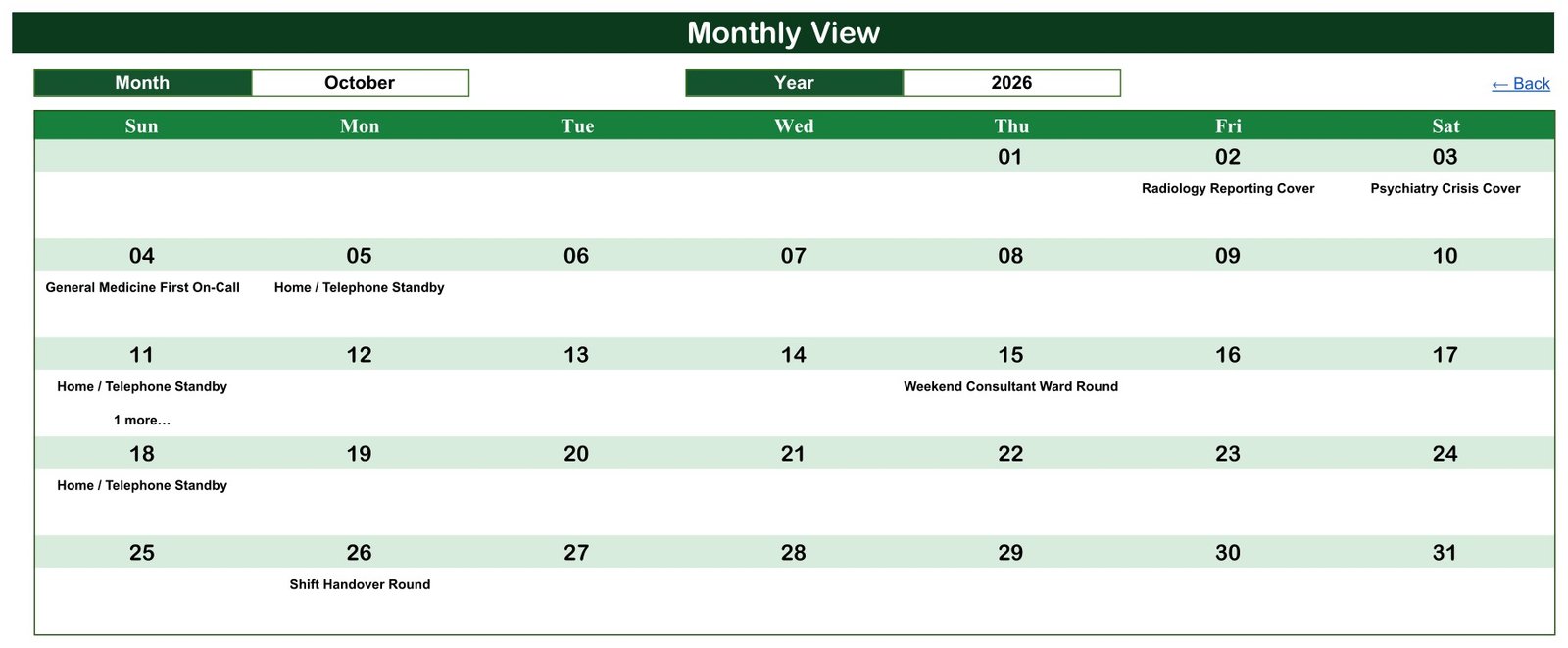 Monthly View of the Doctor On-Call Calendar for October 2026 with duty names under each date