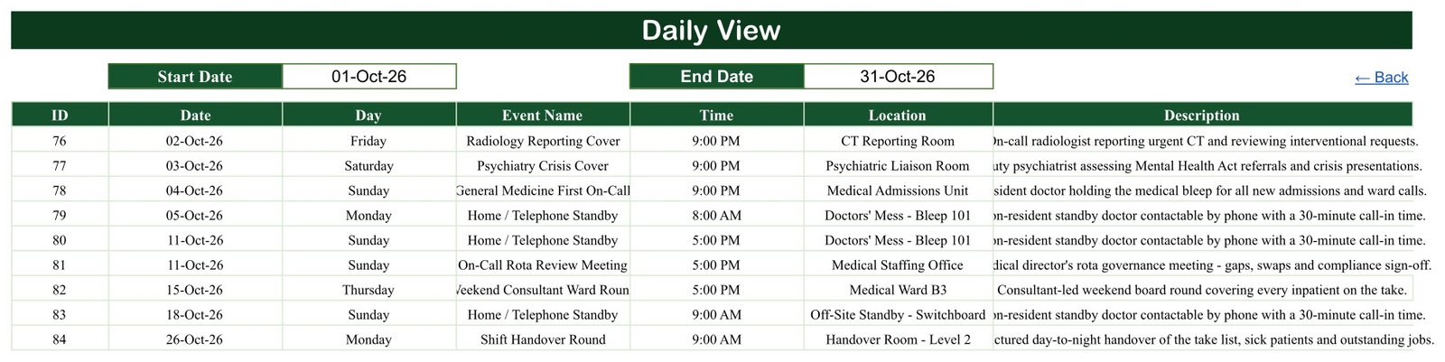 Daily View of the Doctor On-Call Calendar listing October 2026 duties with times, locations and descriptions
