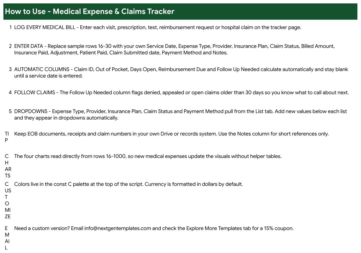 How to Use page of the Medical Expense & Claims Tracker listing the five setup steps and the automatic columns