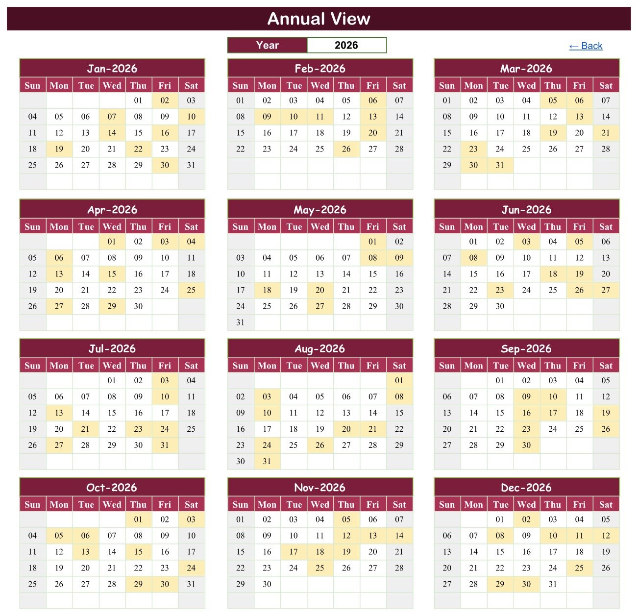 Annual View of the Operation Theatre Booking Calendar showing all twelve months of 2026 with booked dates shaded