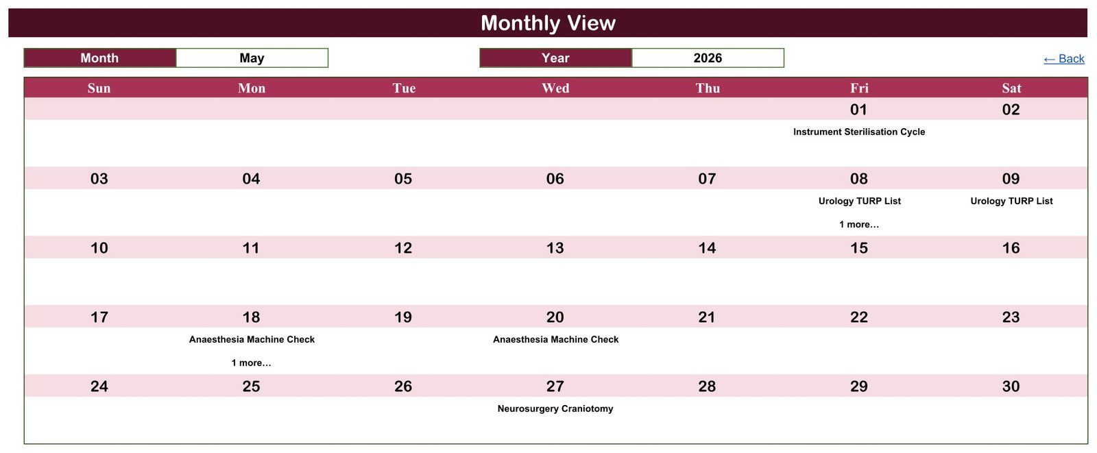 Monthly View of the Operation Theatre Booking Calendar for May 2026