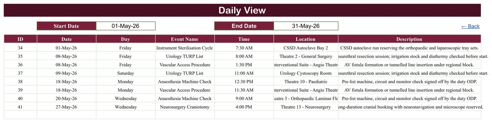 Daily View of the Operation Theatre Booking Calendar filtered from 01-May-26 to 31-May-26