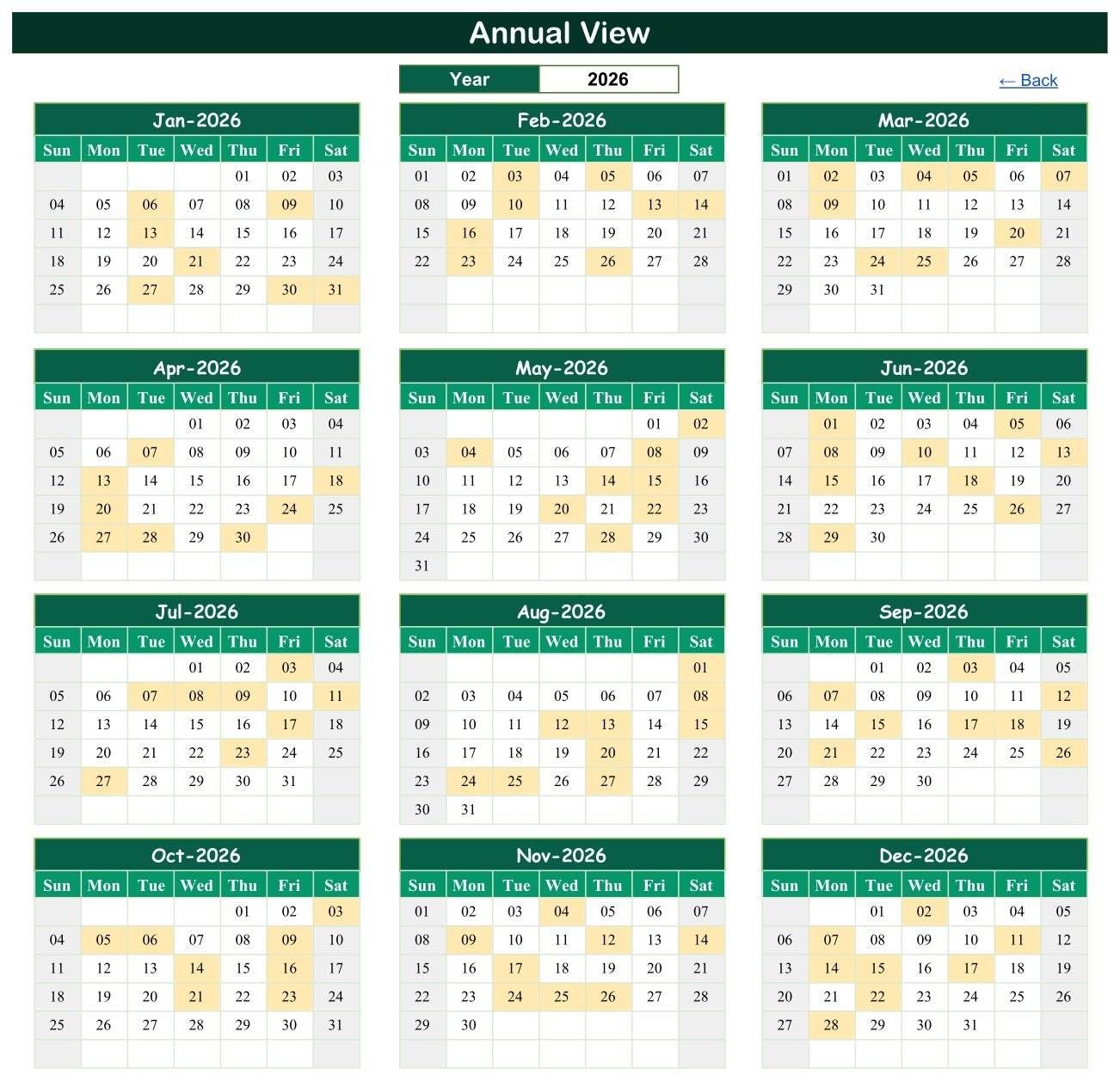 Annual View of the Patient Follow-Up Visit Calendar showing twelve 2026 month grids with review days shaded