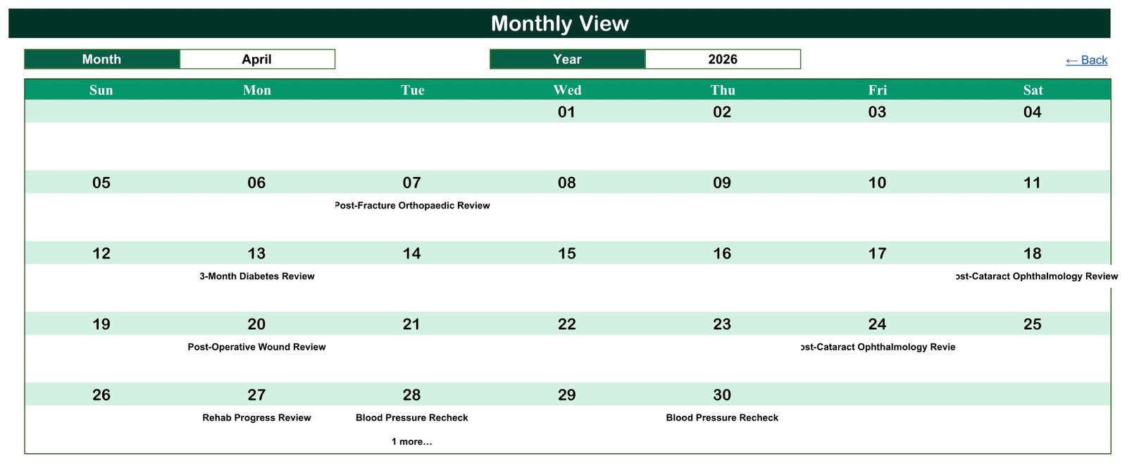 Monthly View showing April 2026 with follow-up review types on booked days