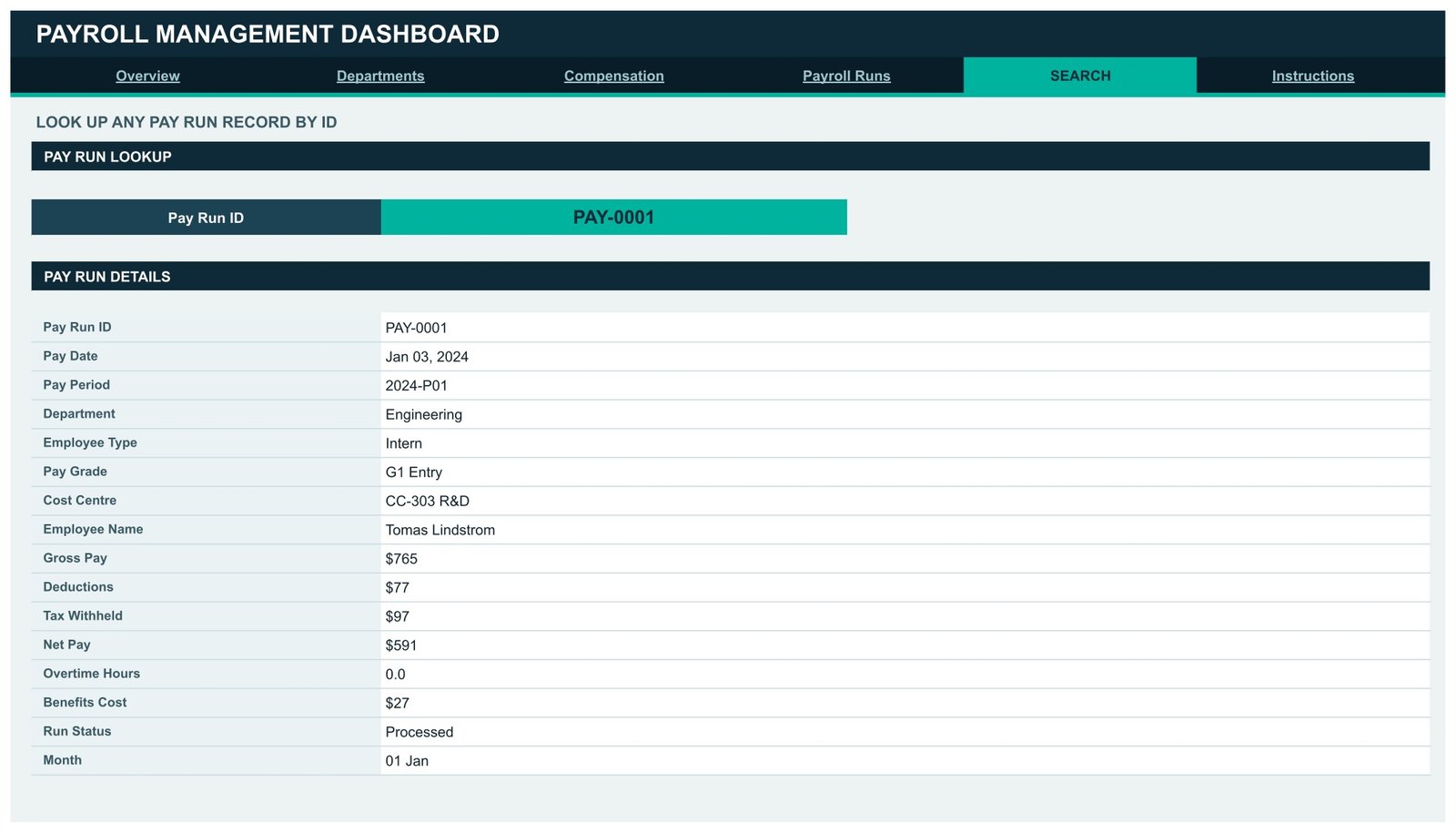 Payroll Management Dashboard in Google Sheets Search page