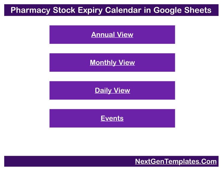 Pharmacy Stock Expiry Calendar in Google Sheets home menu with Annual View, Monthly View, Daily View and Events buttons