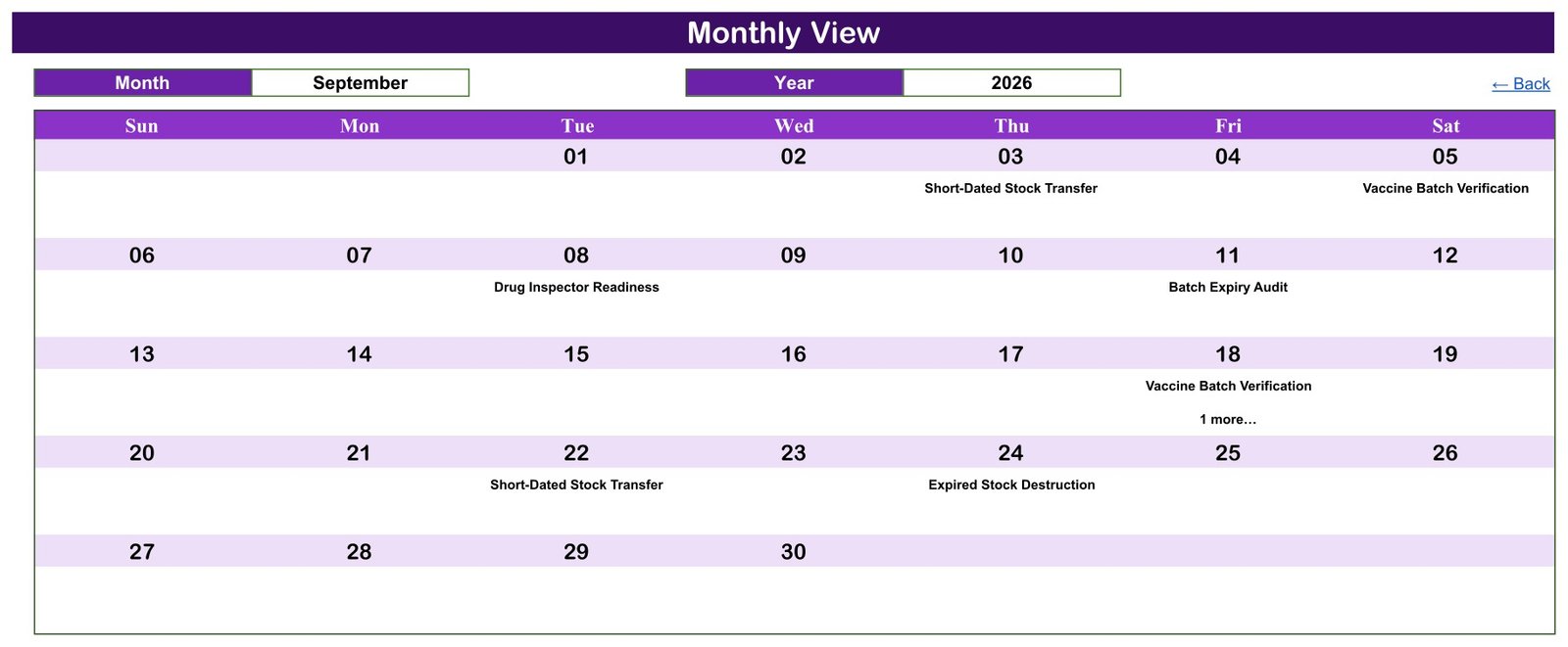 Monthly View of the Pharmacy Stock Expiry Calendar in Google Sheets showing September 2026 with expiry jobs on booked days
