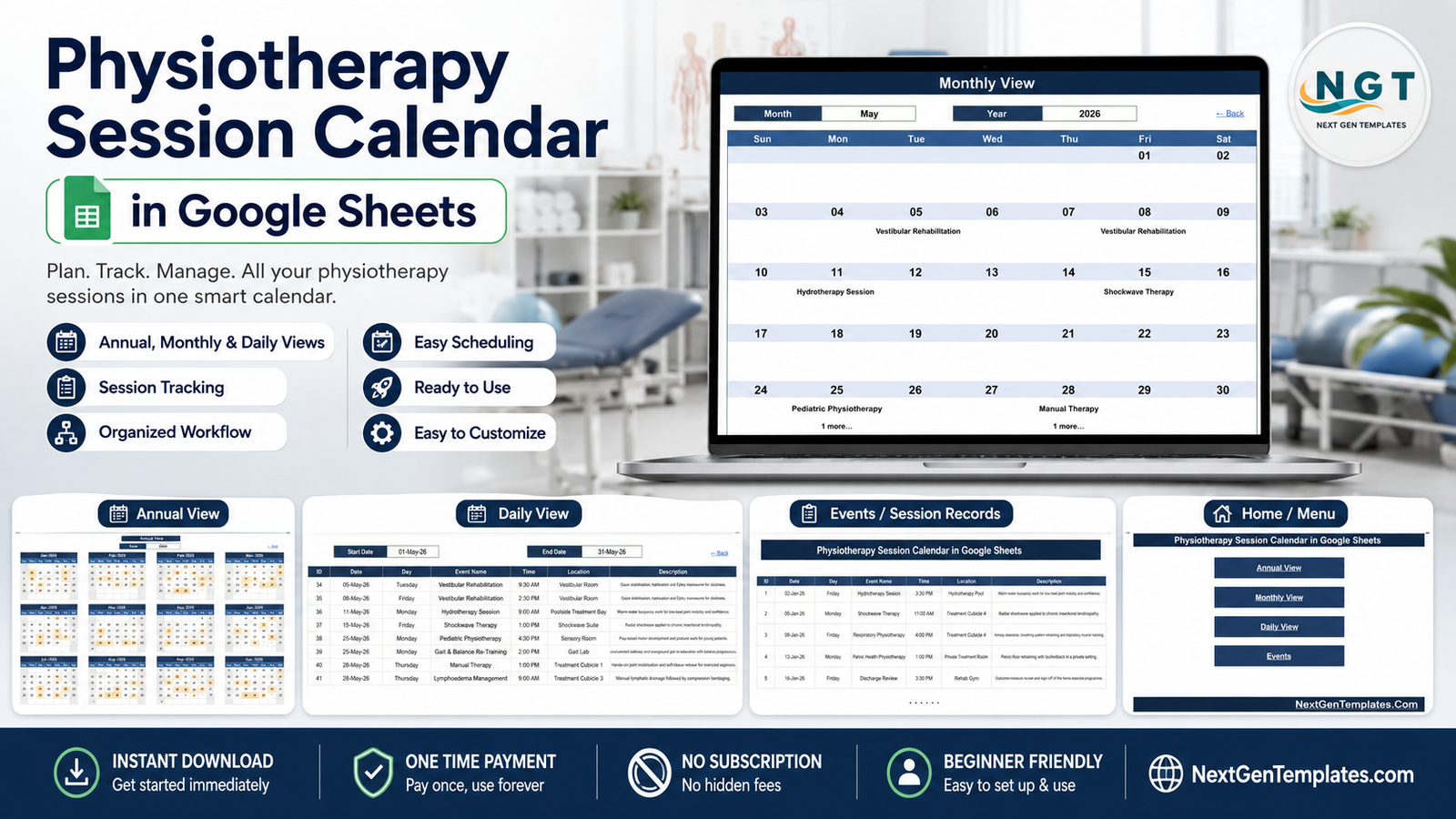 Physiotherapy Session Calendar in Google Sheets showing the Monthly View with Annual, Daily, Events and Home previews