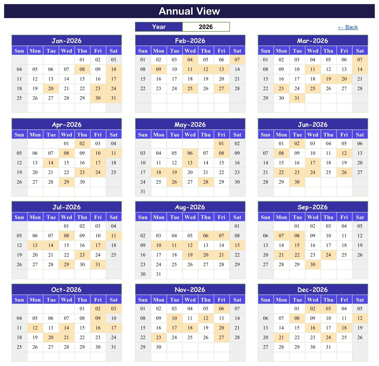 Radiology Slot Booking Calendar in Google Sheets Annual View with twelve month grids for 2026