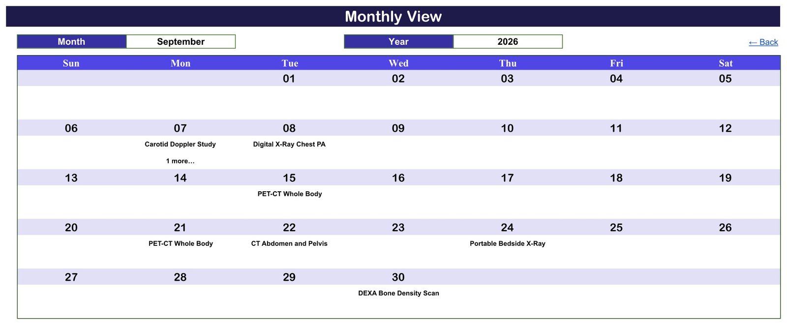 Monthly View of the Radiology Slot Booking Calendar showing September 2026 procedures on booked days