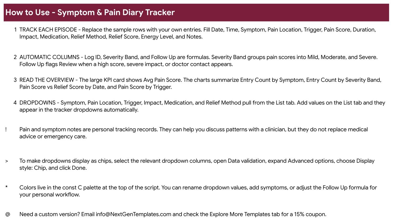 Instructions tab of the Symptom and Pain Diary Tracker listing the four setup steps, the dropdown chip tip and the not-medical-advice note