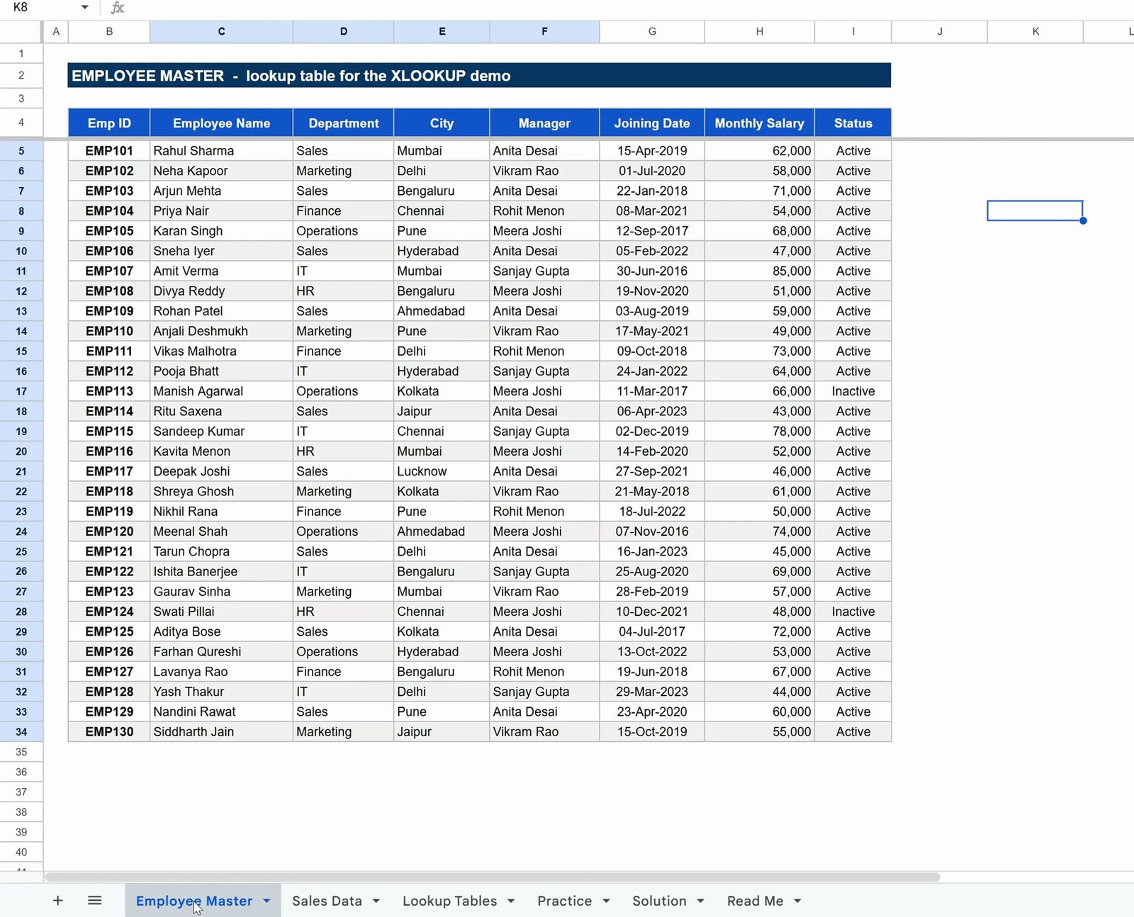 Employee Master sheet in Google Sheets with 30 employee records used for the XLOOKUP practice file