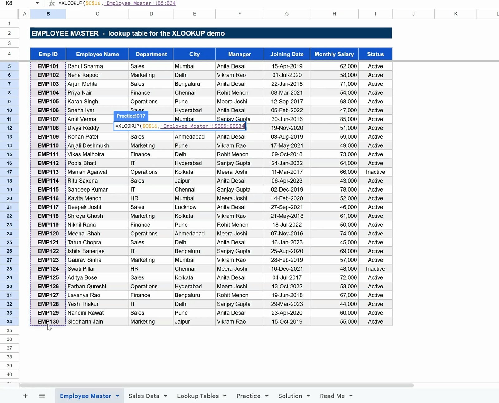 XLOOKUP looking to the left in Google Sheets, returning Emp ID from an employee name