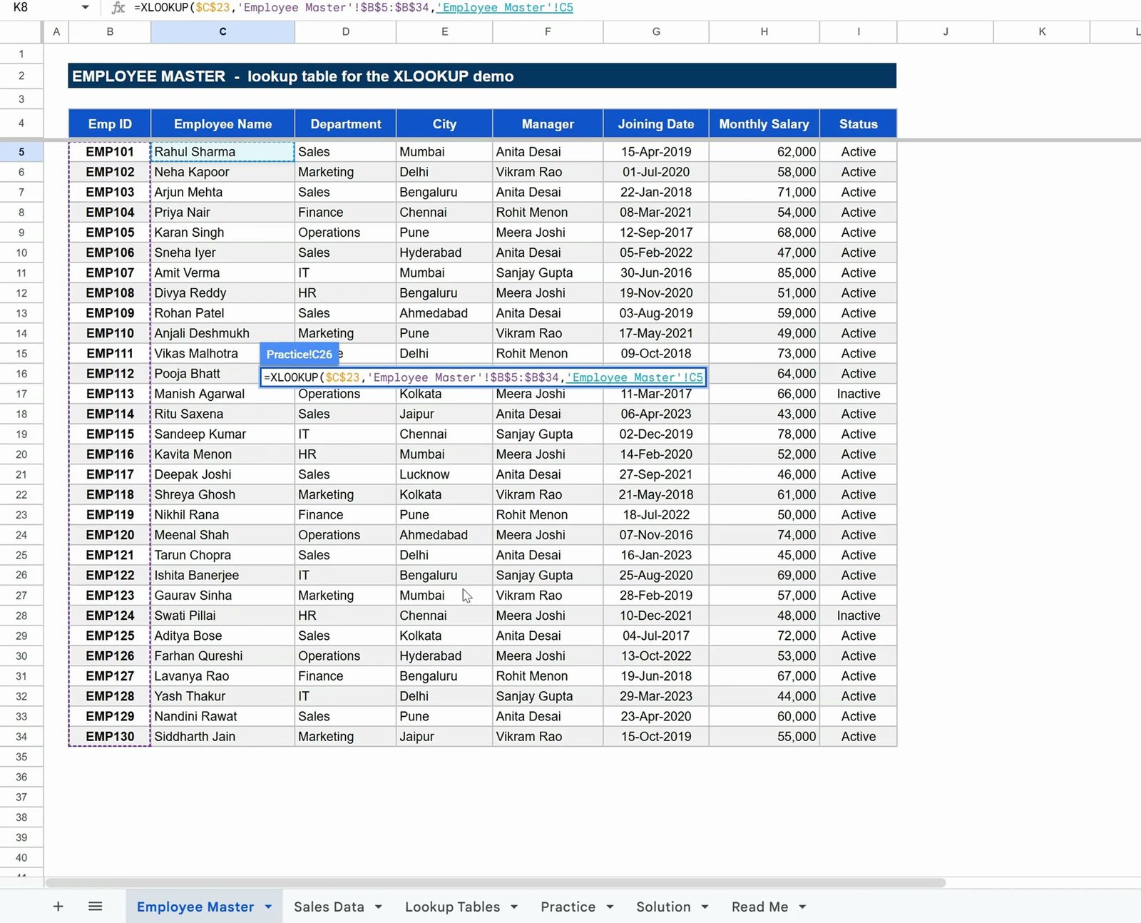 XLOOKUP if_not_found argument replacing the #N/A error with Employee Not Found in Google Sheets