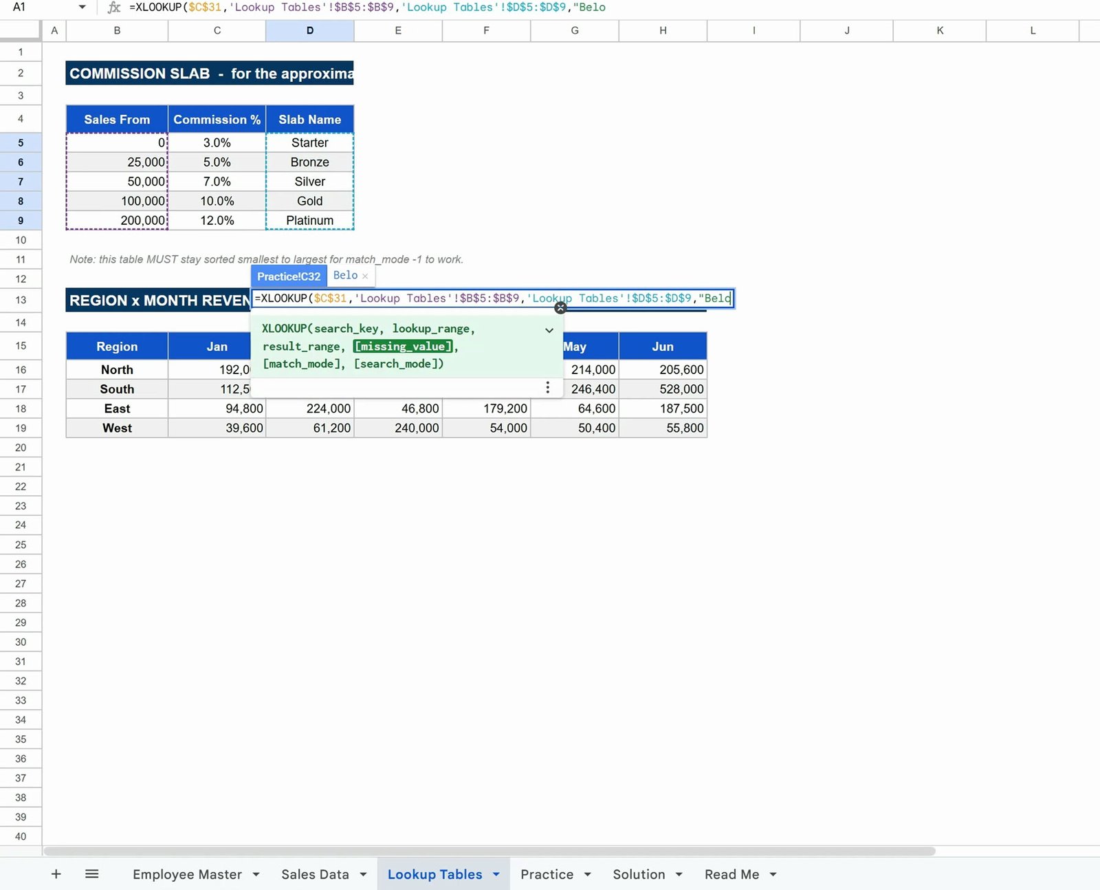 One XLOOKUP formula returning four columns at once in Google Sheets