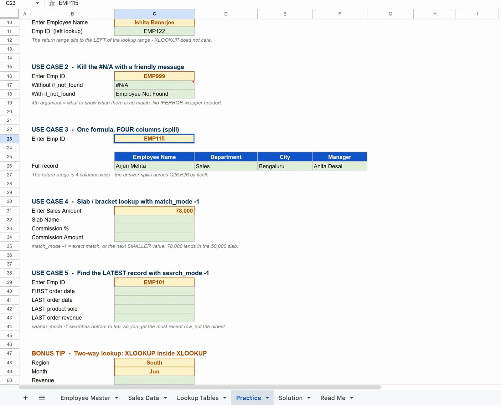 Commission slab table in Google Sheets used for an XLOOKUP bracket lookup with match_mode -1
