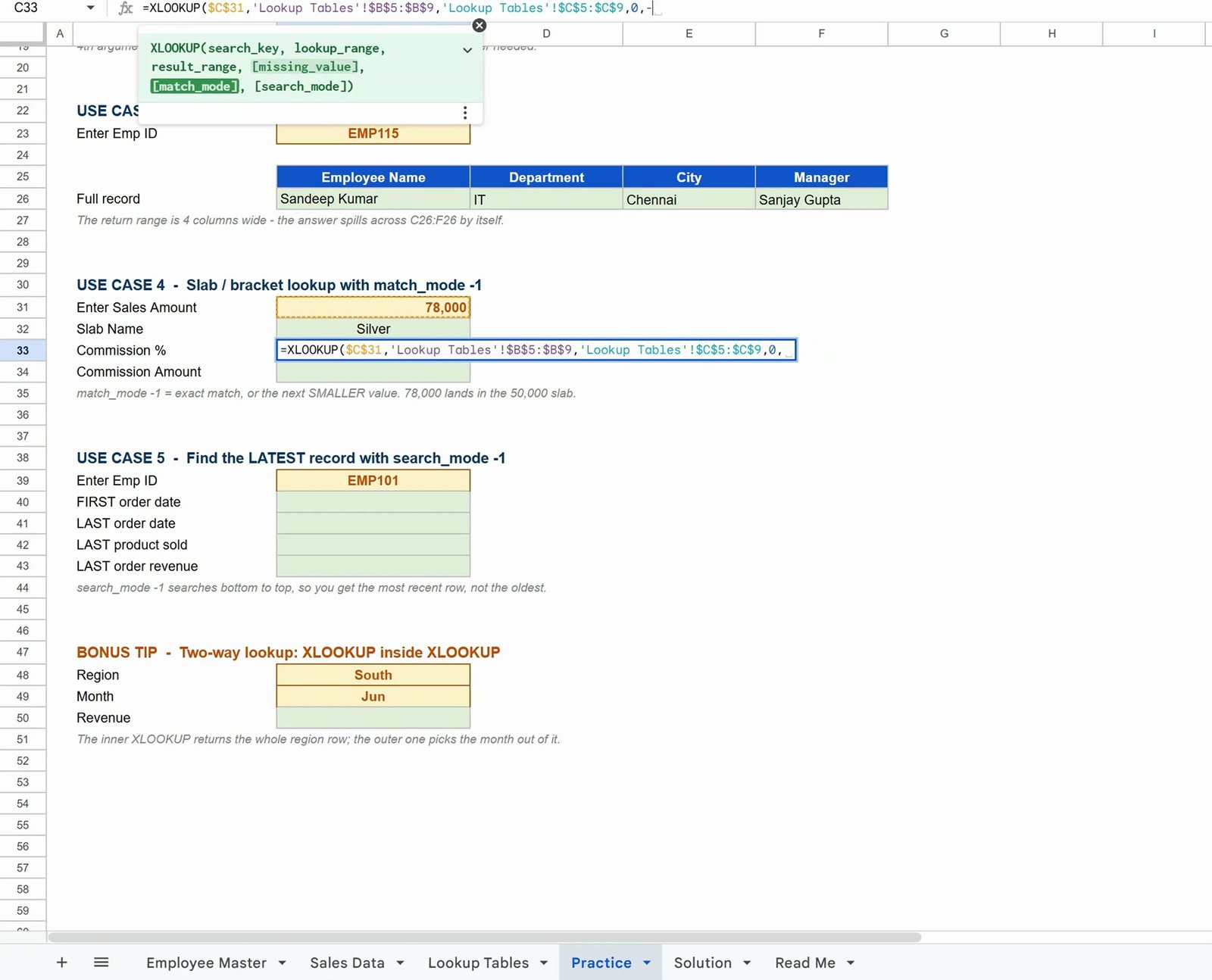 XLOOKUP with match_mode -1 returning the Silver commission slab for a sales amount of 78,000