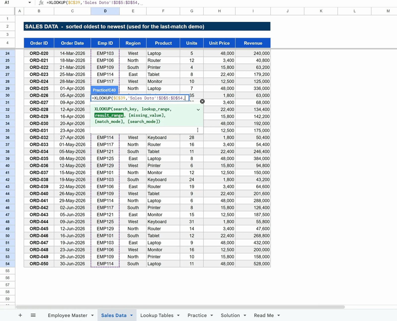 Sales Data sheet in Google Sheets with 50 orders sorted oldest first for an XLOOKUP search_mode demo