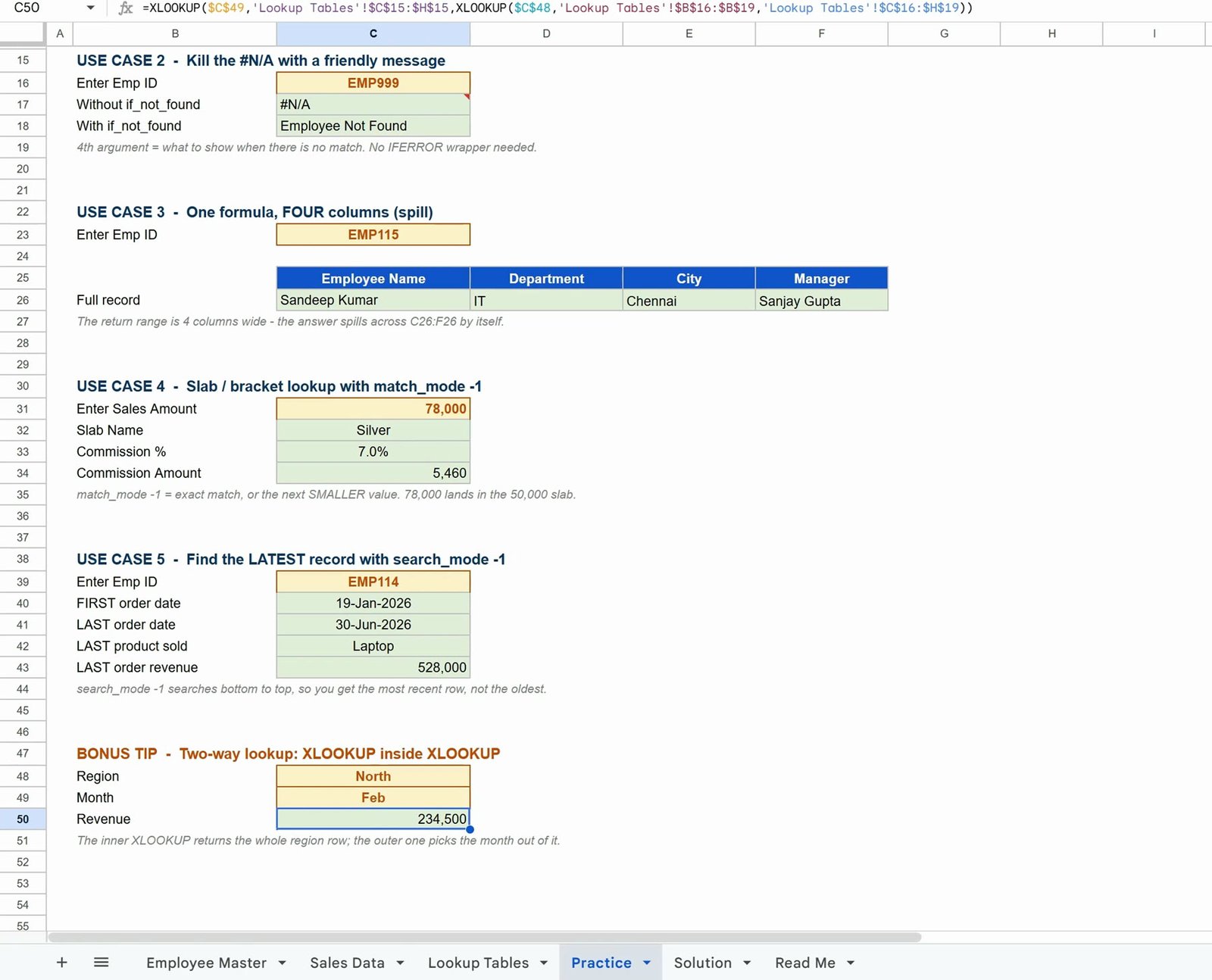XLOOKUP with search_mode -1 returning the latest order date, product and revenue in Google Sheets