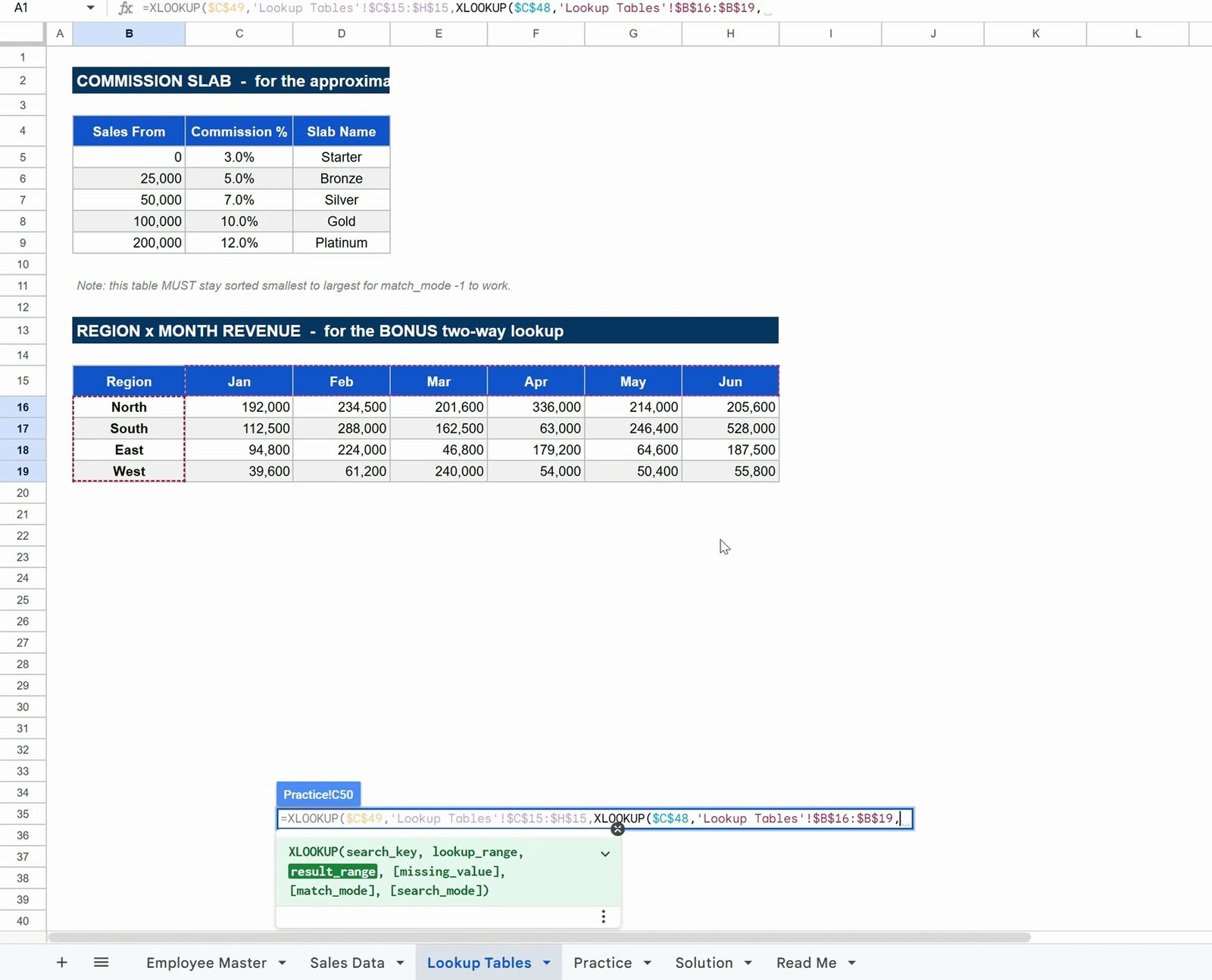 Two-way lookup in Google Sheets using XLOOKUP nested inside XLOOKUP on a region by month grid