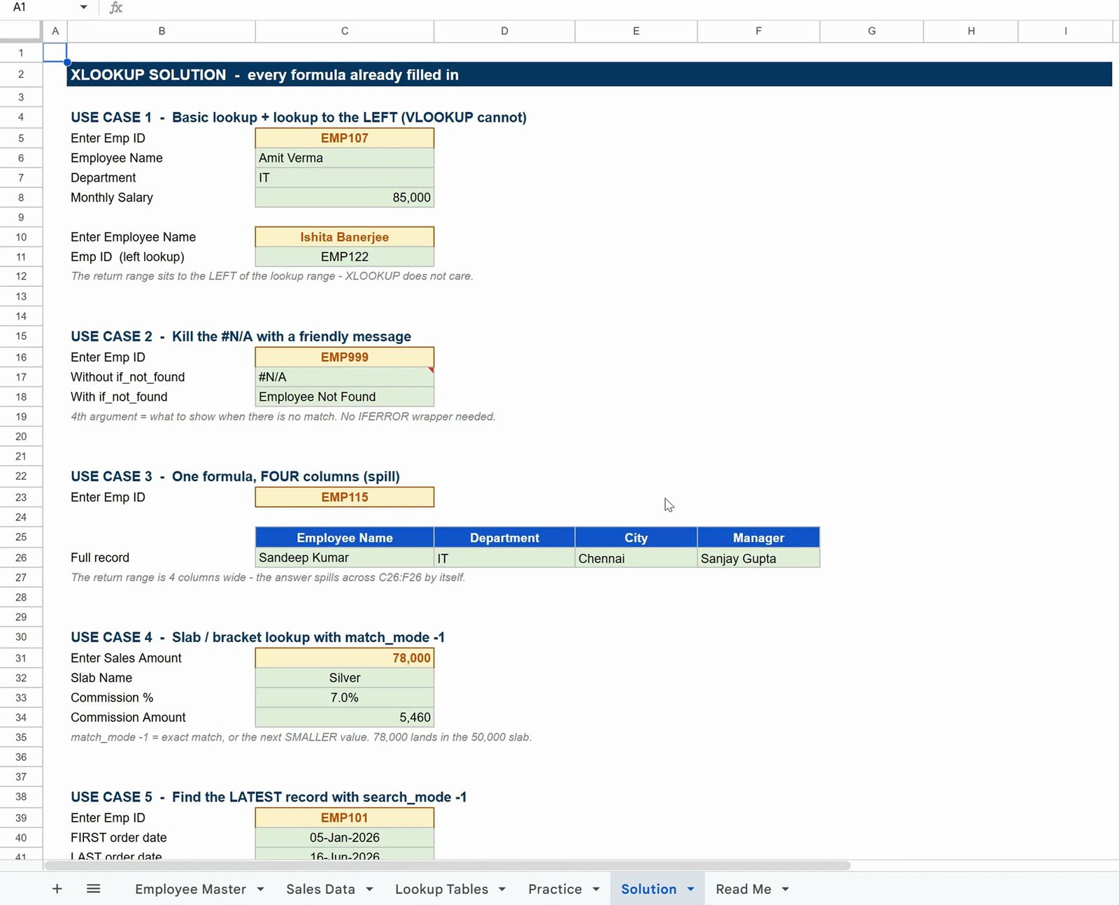 Solution sheet of the XLOOKUP Google Sheets practice file with every formula filled in