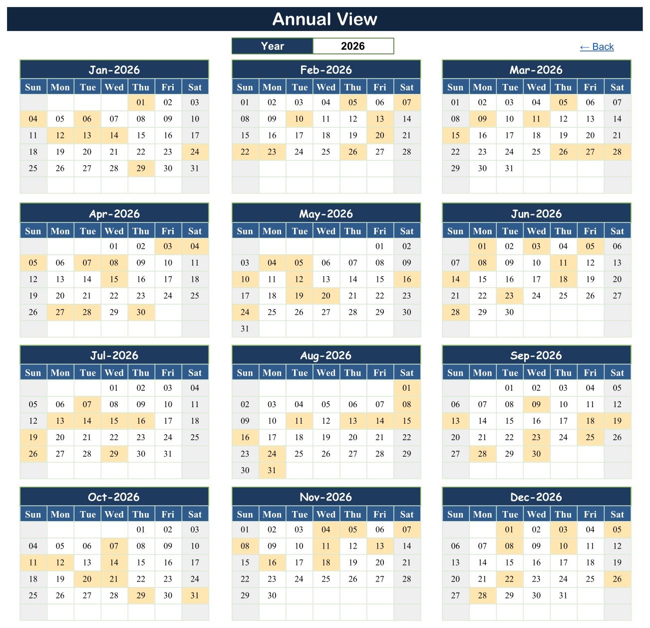 Annual View of the Ambulance Duty Calendar in Google Sheets showing all twelve months of 2026