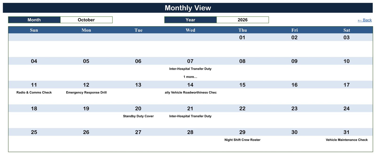 Monthly View of the Ambulance Duty Calendar in Google Sheets for October 2026