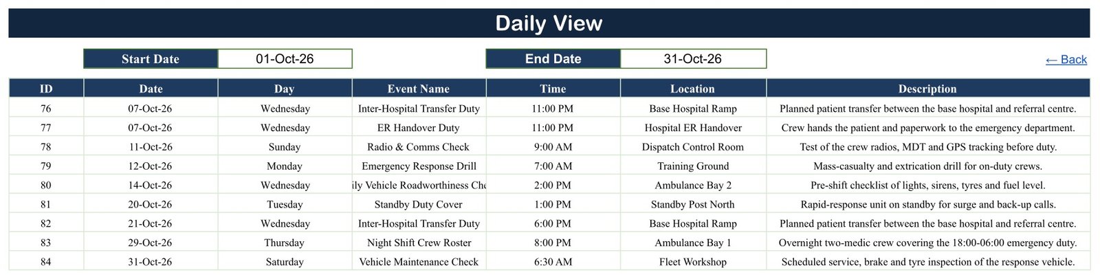 Daily View of the Ambulance Duty Calendar in Google Sheets listing October 2026 duties