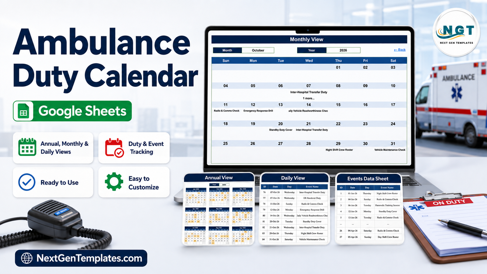 Ambulance Duty Calendar in Google Sheets - annual, monthly and daily duty views