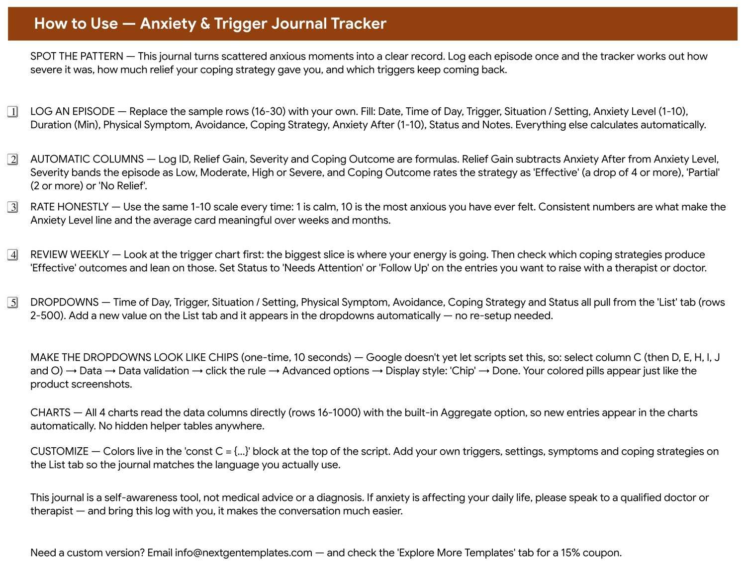 Anxiety journal template Google Sheets - How to Use tab