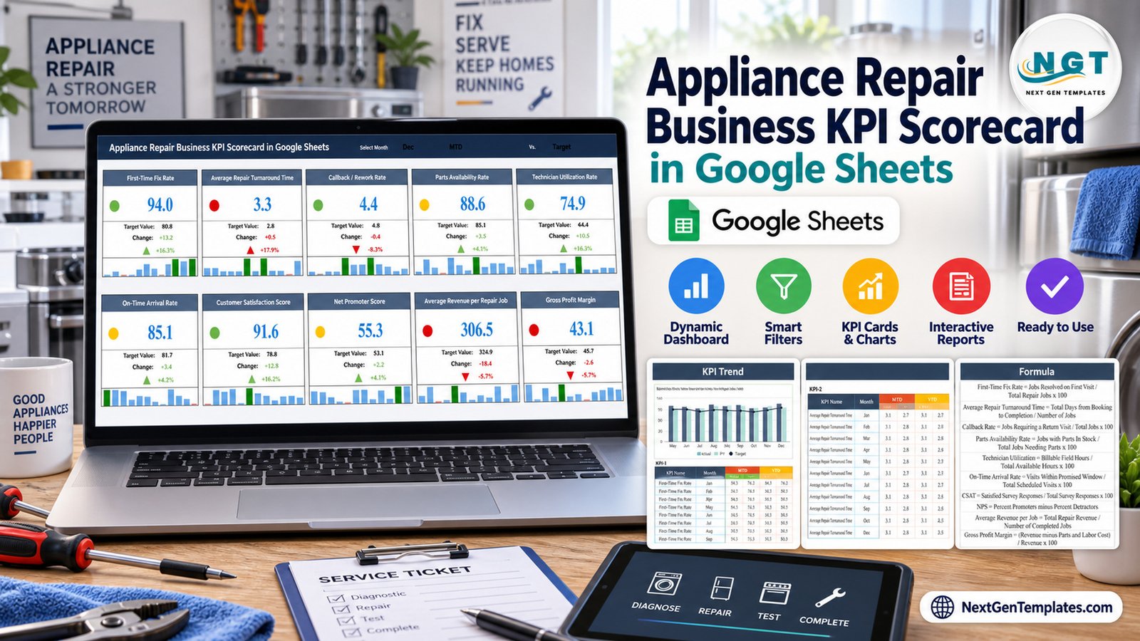 Appliance Repair Business KPI Scorecard in Google Sheets