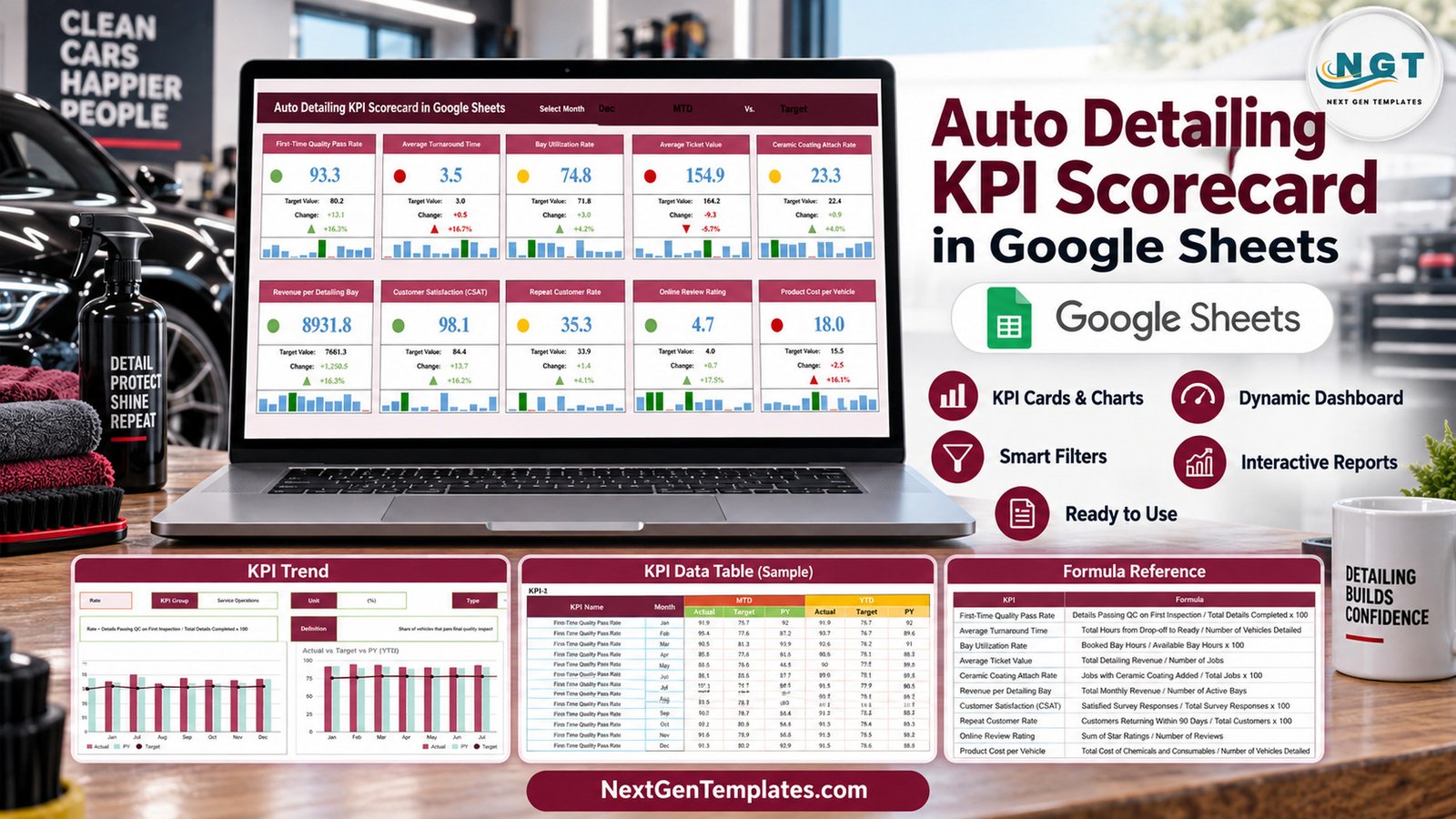 auto detailing kpi scorecard in google sheets