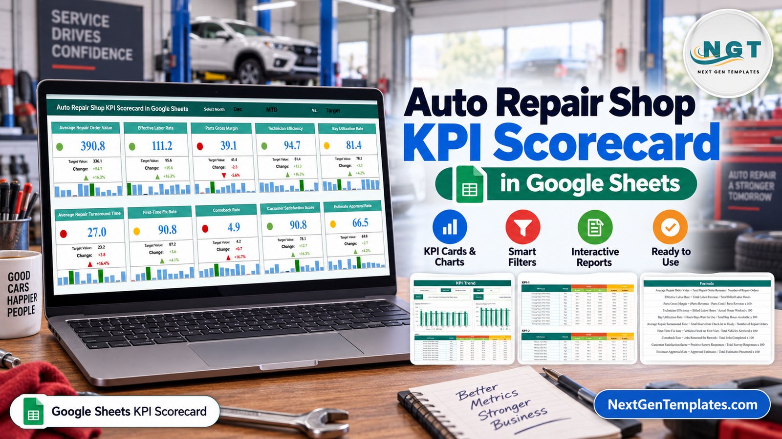 auto repair shop kpi scorecard in google sheets