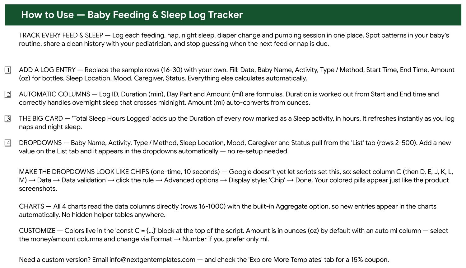 Baby sleep log spreadsheet - How to Use tab