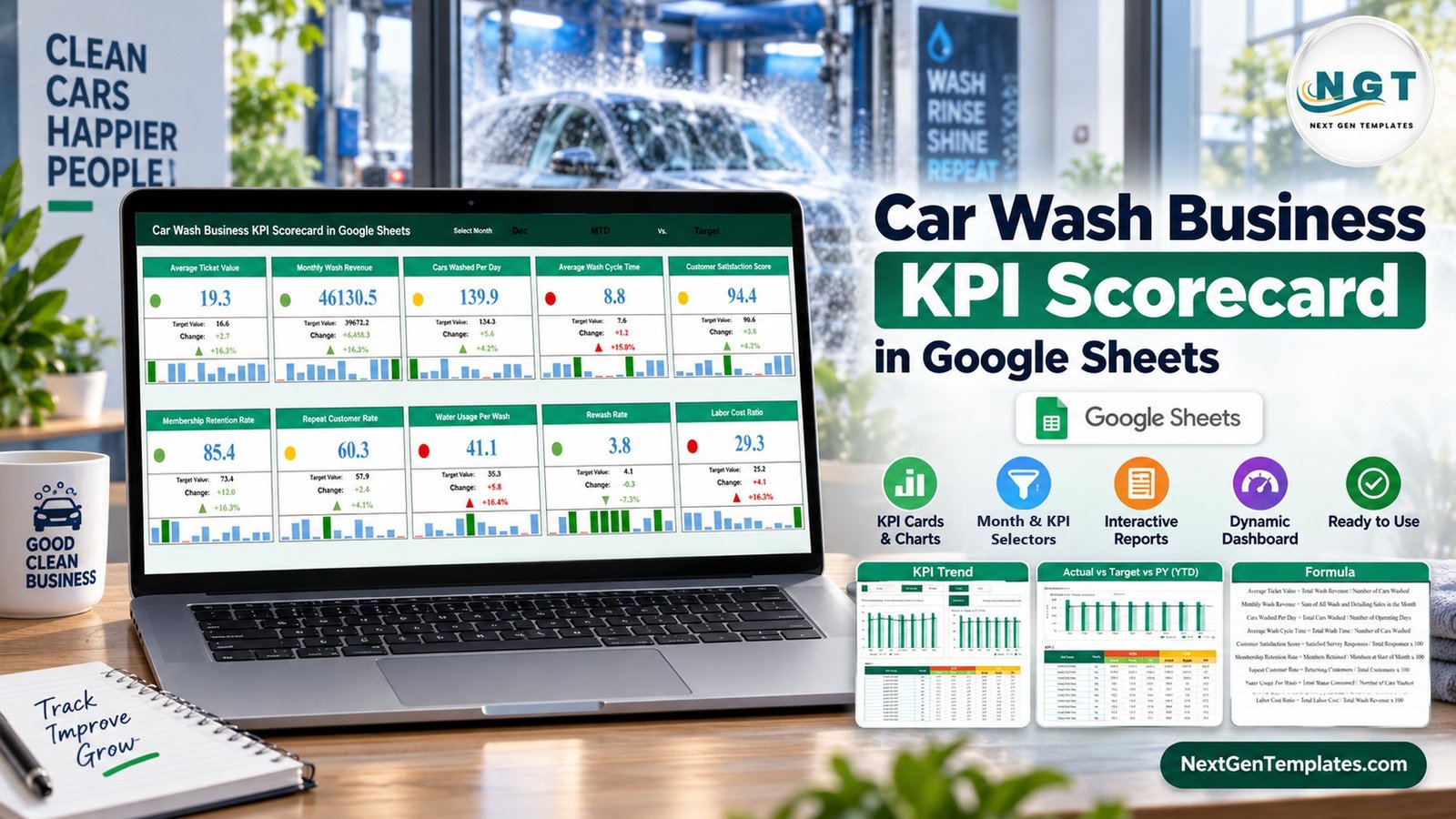 Car Wash Business KPI Scorecard in Google Sheets