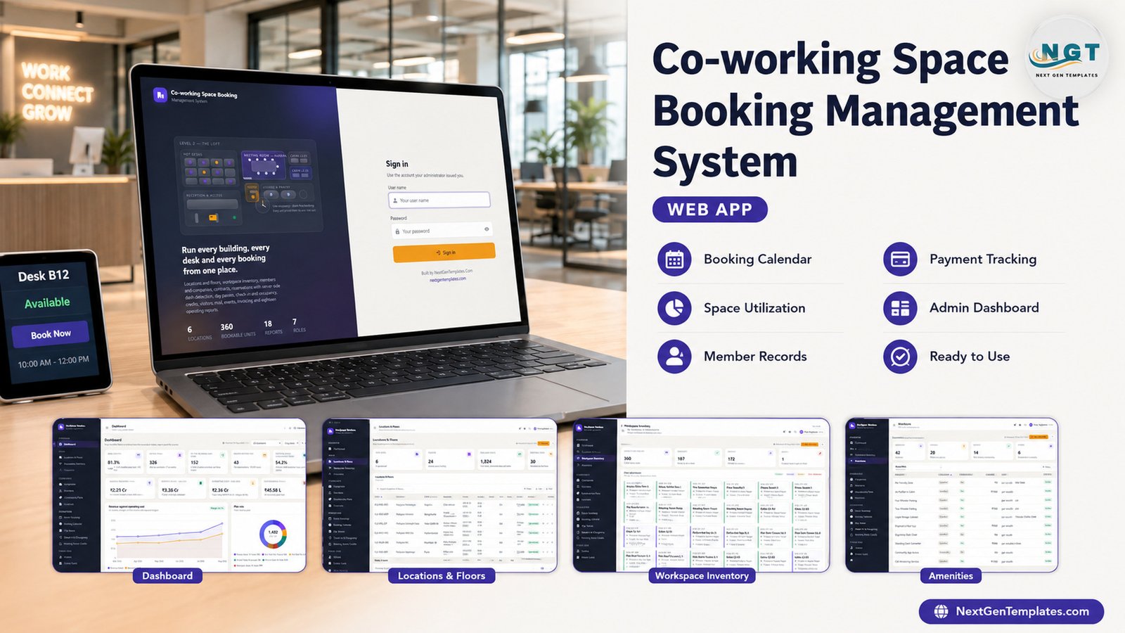 Co-working space booking management system web app running six FlexSpace locations from one browser tab