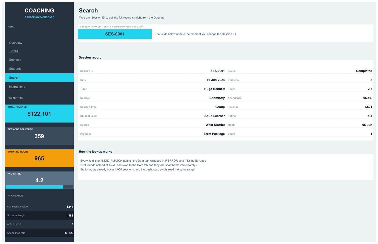 Coaching & Tutoring Dashboard in Google Sheets Search page