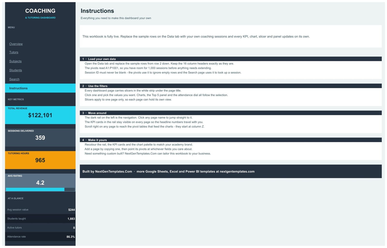 Coaching & Tutoring Dashboard in Google Sheets Instructions page