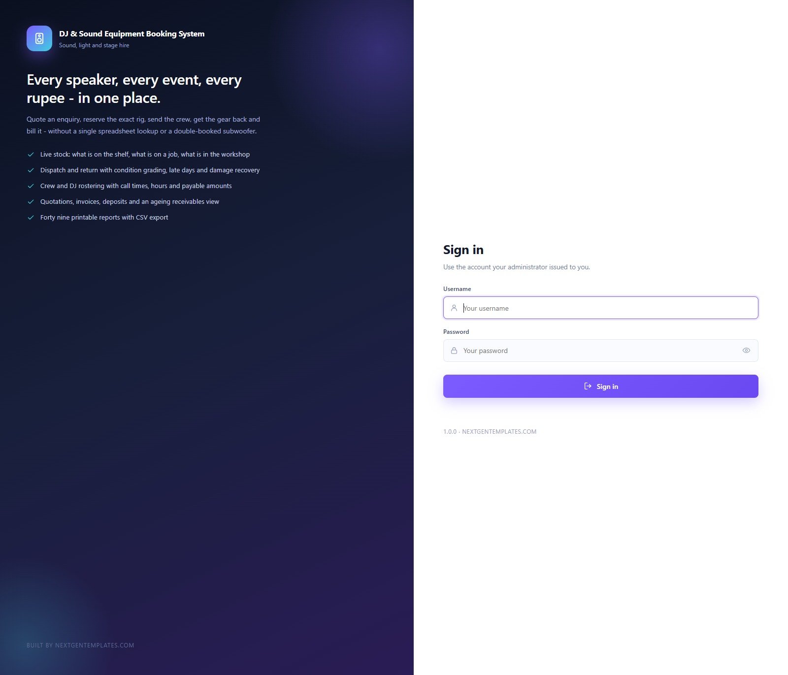 Sign-in screen of the DJ and Sound Equipment Booking System web app