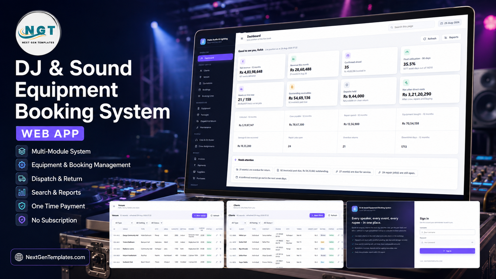 DJ and Sound Equipment Booking System web app shown on a laptop with the hire dashboard, venues, clients and sign-in screens