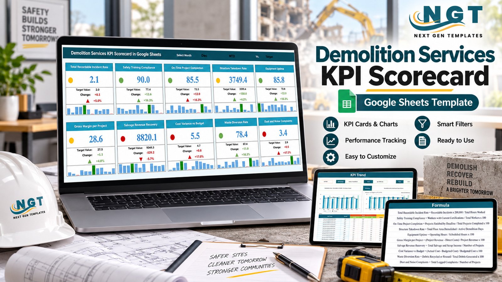 Demolition services KPI scorecard in Google Sheets
