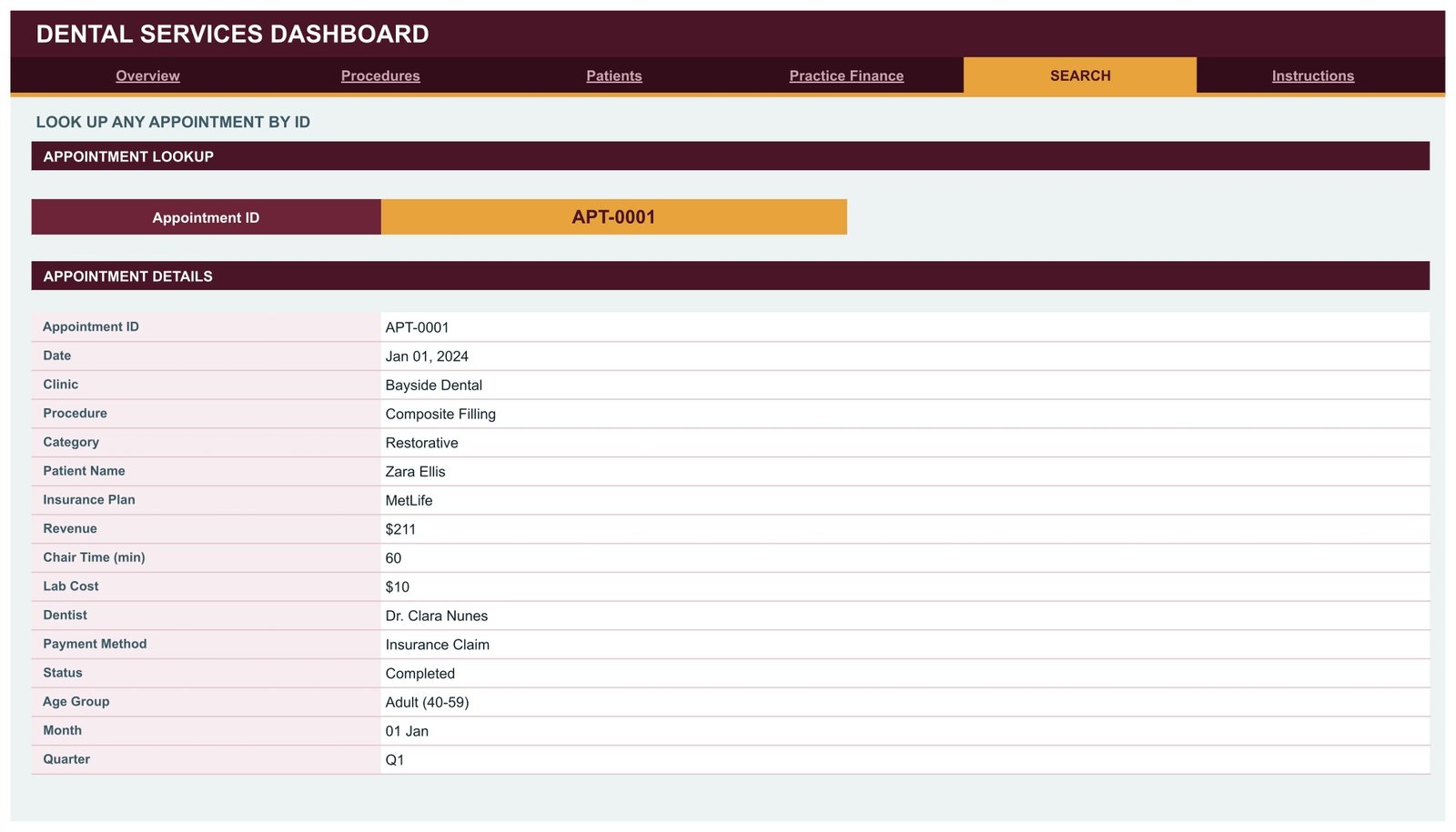 Dental Services Dashboard in Google Sheets Search page