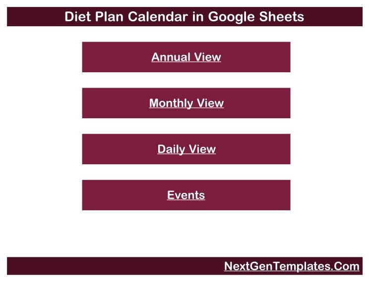 Home tab of the Diet Plan Calendar in Google Sheets with four navigation links