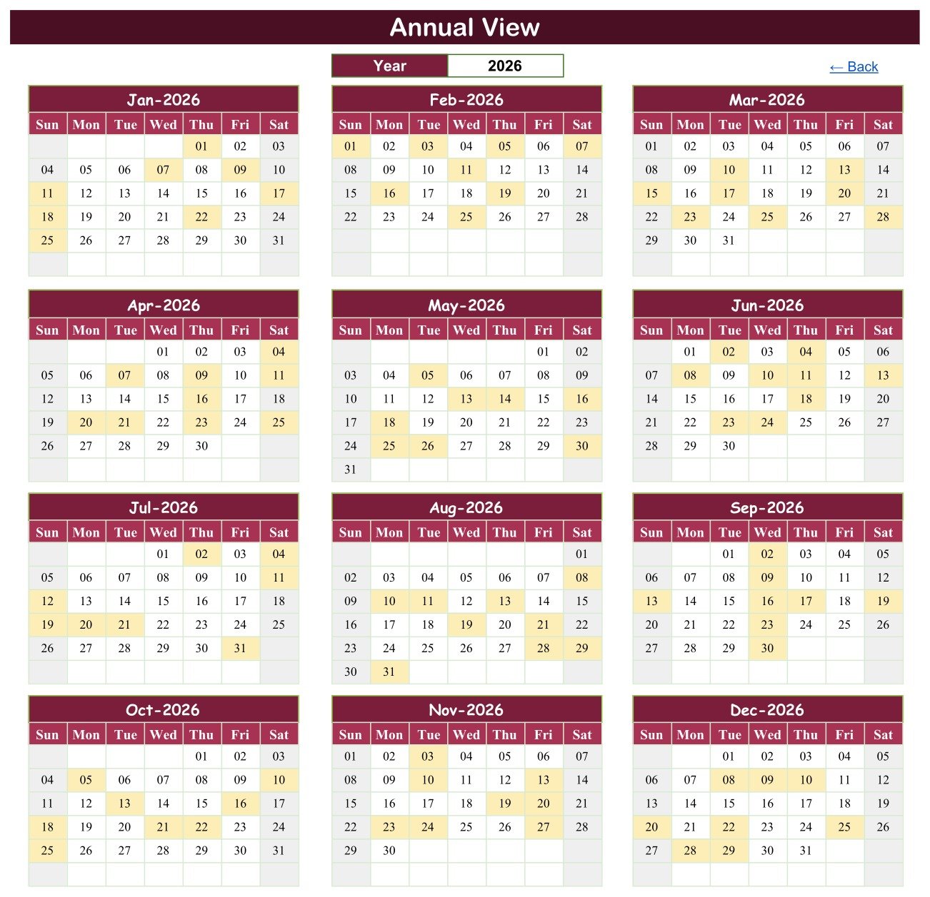 Annual View of the Diet Plan Calendar in Google Sheets showing all twelve months of 2026