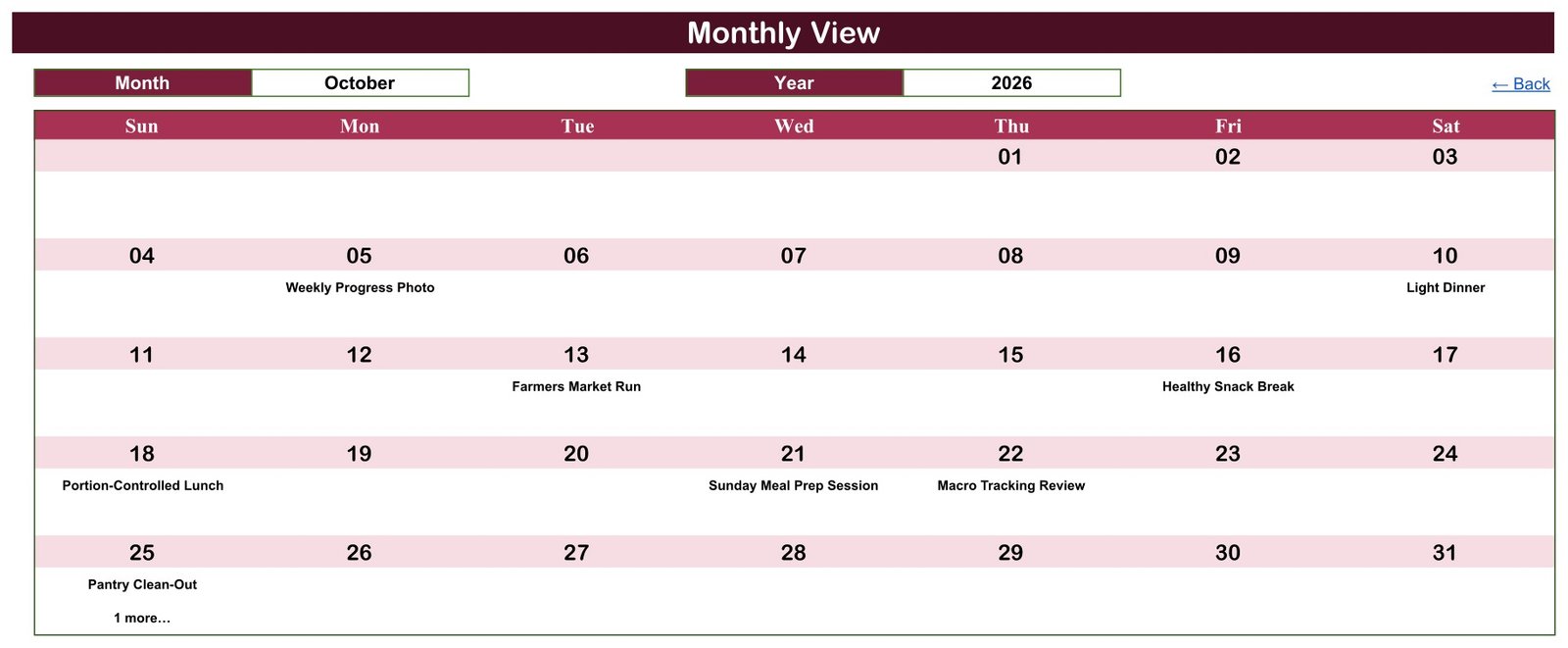 Monthly View of the Diet Plan Calendar in Google Sheets for October 2026