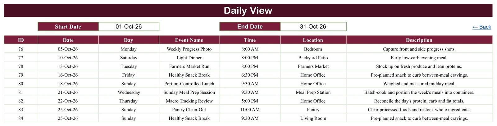 Daily View of the Diet Plan Calendar in Google Sheets listing entries from 01-Oct-26 to 31-Oct-26