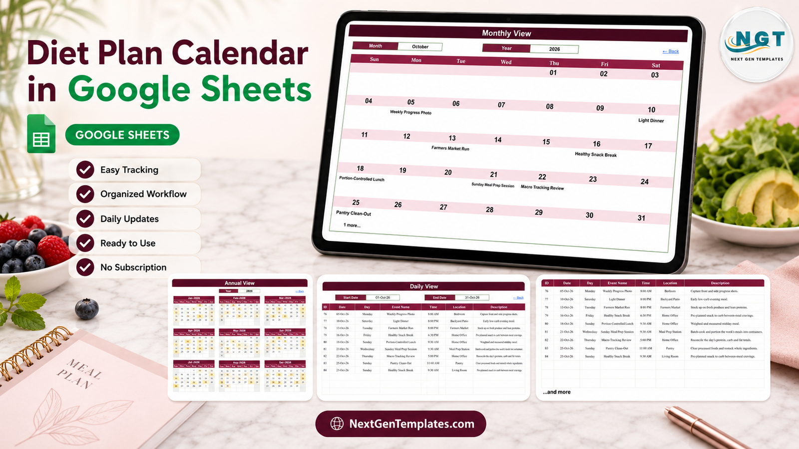 Diet Plan Calendar in Google Sheets showing the Monthly View, Annual View, Daily View and Events tabs